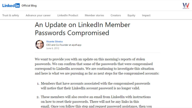 Post of Vicente Silveira in response to 2012 LinkedIn Hack