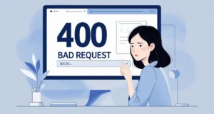 Illustration of a computer screen displaying a 400 Bad Request error message with a confused person looking at the screen, representing a website access issue.