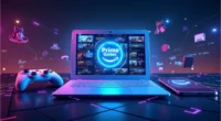 A futuristic setup featuring a glowing Amazon Prime Games interface on a laptop screen, accompanied by a gaming controller and smartphone, surrounded by floating gaming icons and vibrant neon lights