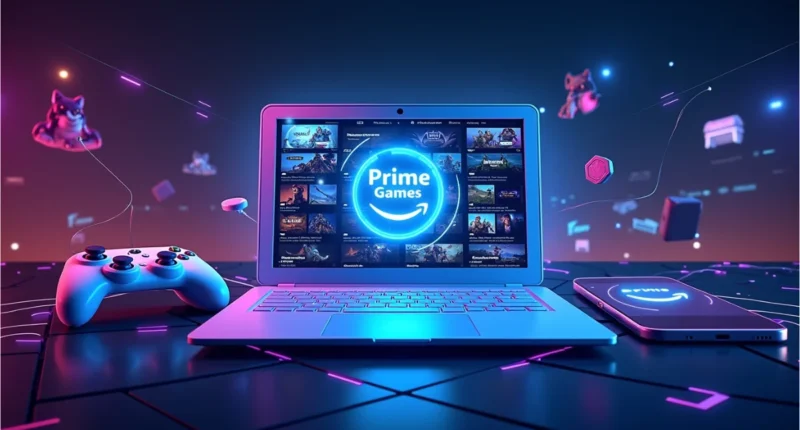 A futuristic setup featuring a glowing Amazon Prime Games interface on a laptop screen, accompanied by a gaming controller and smartphone, surrounded by floating gaming icons and vibrant neon lights