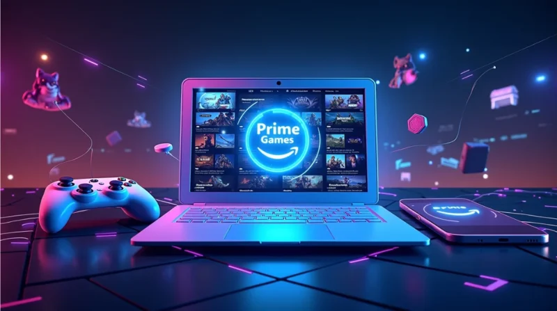 A futuristic setup featuring a glowing Amazon Prime Games interface on a laptop screen, accompanied by a gaming controller and smartphone, surrounded by floating gaming icons and vibrant neon lights
