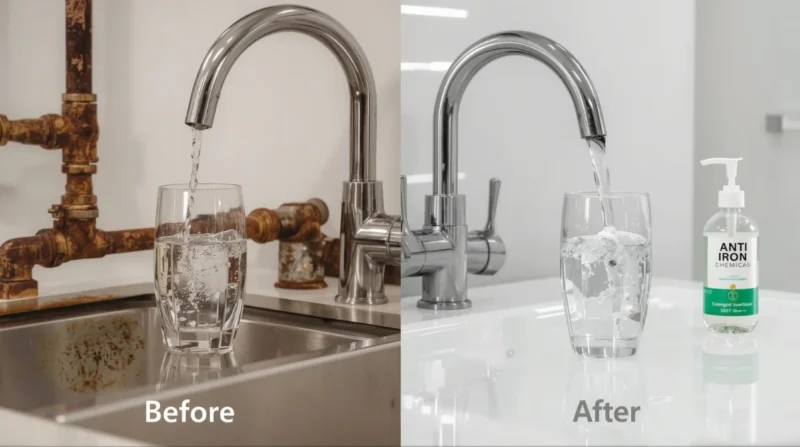 Technician adding anti‑iron chemical to a water filter system to prevent rust stains and improve clarity.
