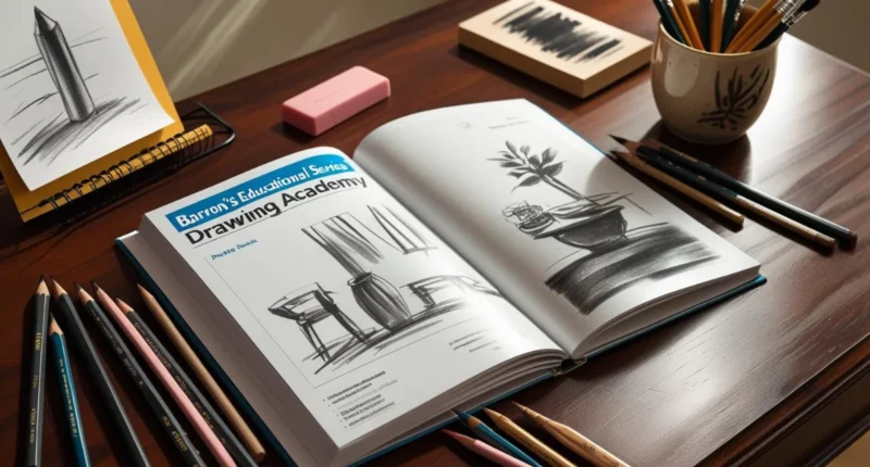 Cover image showing Barron’s Educational Series Drawing Academy book with pencils and sketching tools.