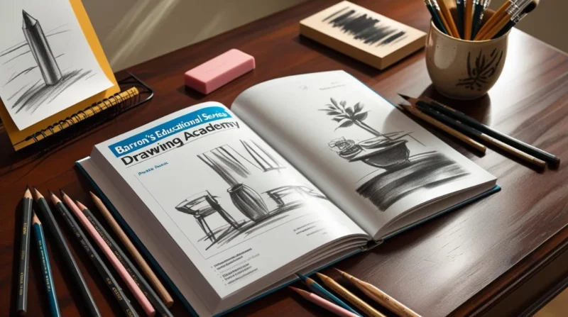 Cover image showing Barron’s Educational Series Drawing Academy book with pencils and sketching tools.