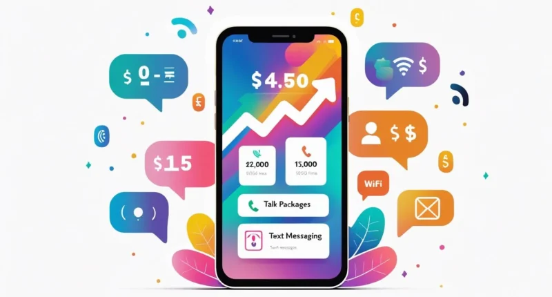 Illustration of a smartphone surrounded by prepaid plan icons for data, talk, and text, showing the concept of choosing the best prepaid mobile plans.