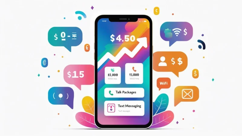 Illustration of a smartphone surrounded by prepaid plan icons for data, talk, and text, showing the concept of choosing the best prepaid mobile plans.