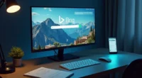 Computer screen displaying Bing.com homepage with search bar, surrounded by digital tools and SEO notes.