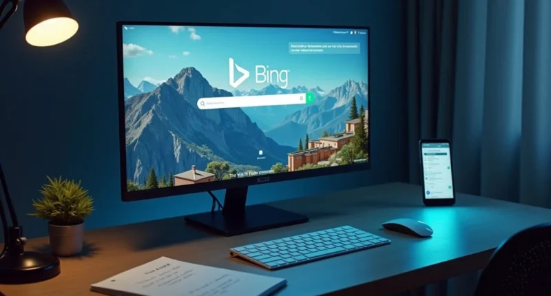 Computer screen displaying Bing.com homepage with search bar, surrounded by digital tools and SEO notes.