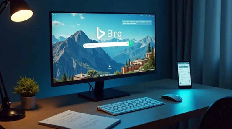 Computer screen displaying Bing.com homepage with search bar, surrounded by digital tools and SEO notes.