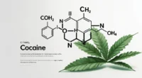 Illustration of the cocaine chemical structure C17H21NO4 with labeled atoms and coca leaves in the background.
