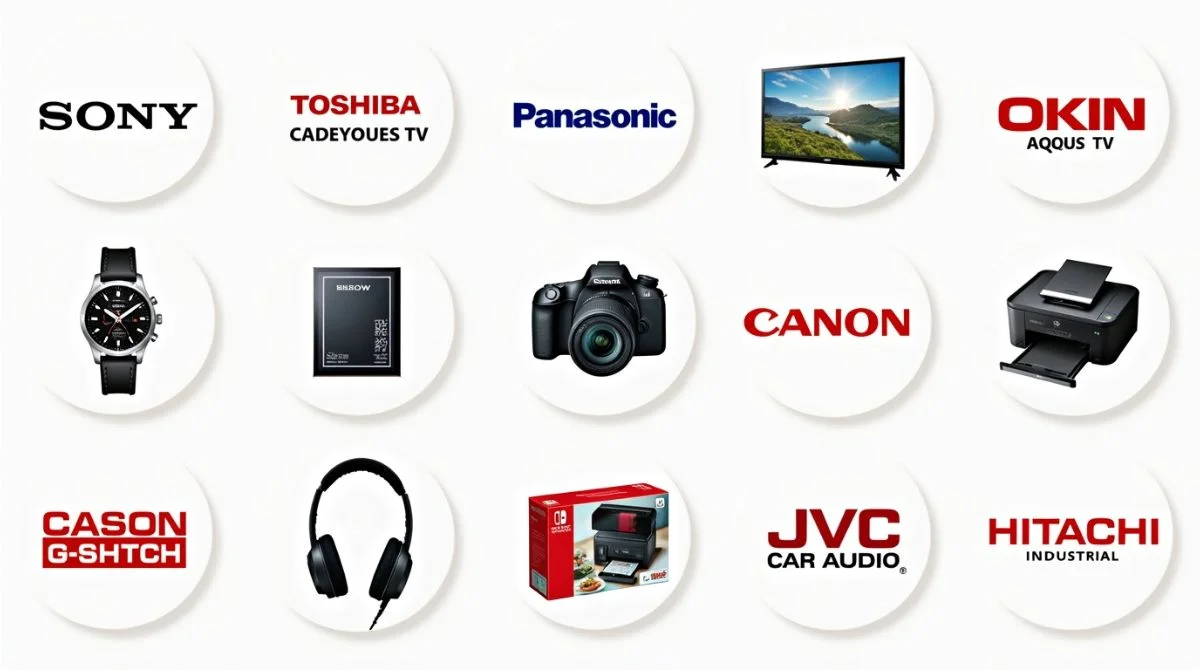 Collage of top Japanese electronics brands with their key products like Sony PlayStation, Canon camera, and Nintendo Switch.