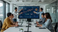 Team analyzing business data on screen to make strategic decisions using data science.