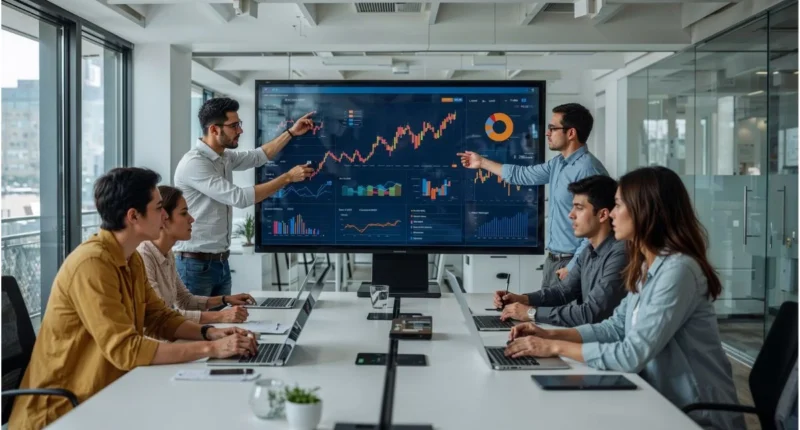 Team analyzing business data on screen to make strategic decisions using data science.