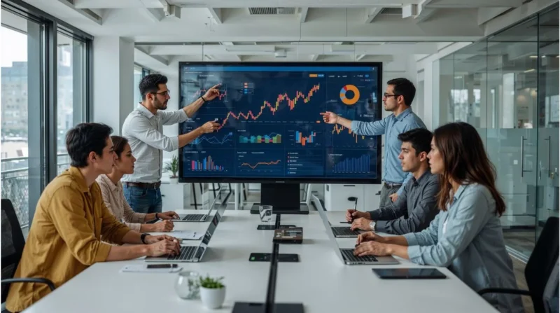 Team analyzing business data on screen to make strategic decisions using data science.