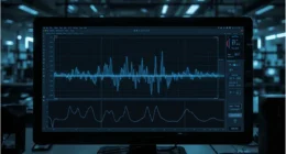 Digital signals processing visual with waveform and data graphs.