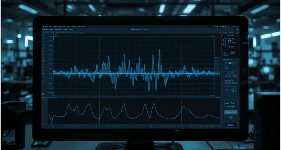Digital signals processing visual with waveform and data graphs.