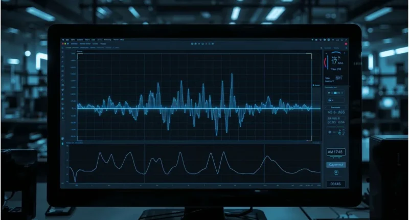 Digital signals processing visual with waveform and data graphs.