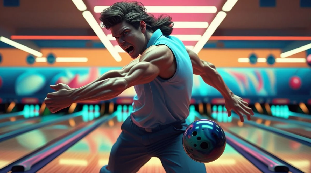 Man bowling with intensity in a neon-lit alley.