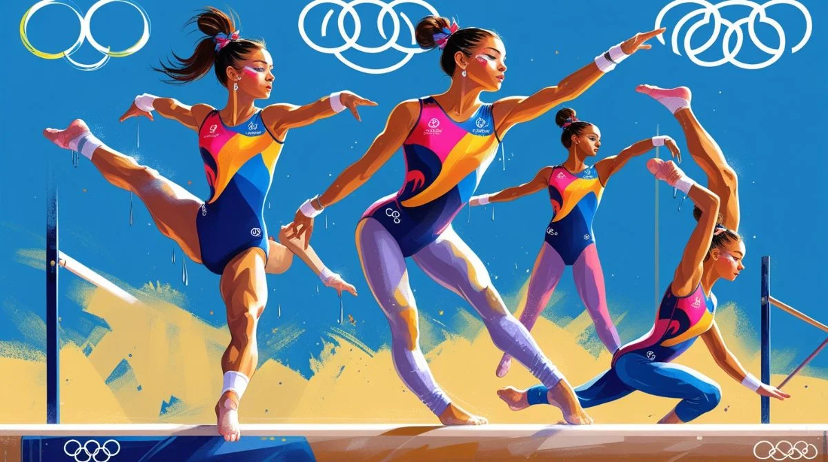 Female gymnasts performing on bars with Olympic rings in background.