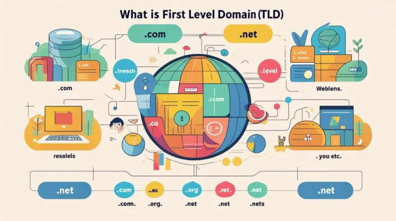 Illustration showing parts of a domain name: subdomain, second-level domain, and first-level domain (.com)