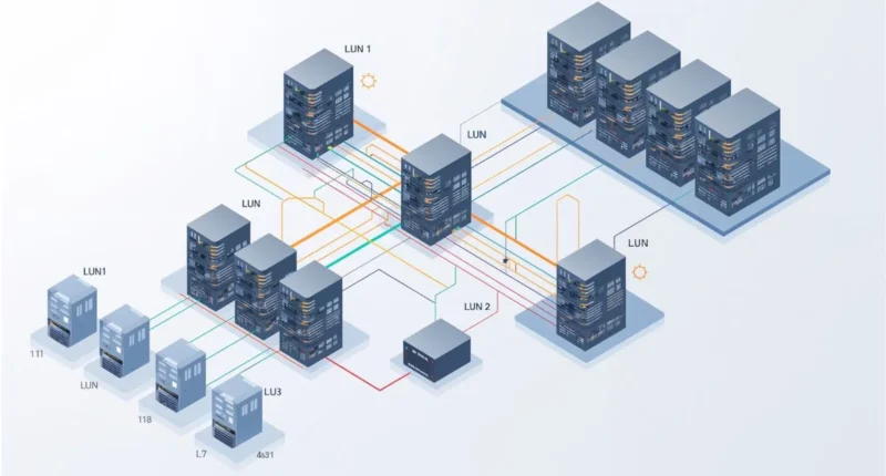 Diagram of servers accessing specific LUNs in a SAN setup.