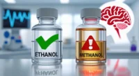 Comparison of ethanol and methanol bottles showing safety vs toxicity.
