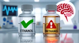 Comparison of ethanol and methanol bottles showing safety vs toxicity.