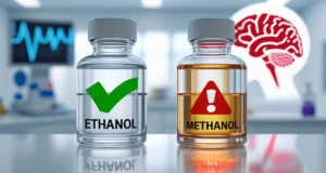 Comparison of ethanol and methanol bottles showing safety vs toxicity.