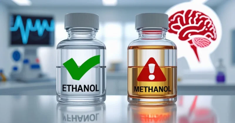 Comparison of ethanol and methanol bottles showing safety vs toxicity.