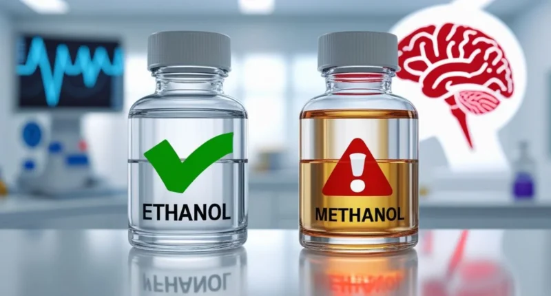Comparison of ethanol and methanol bottles showing safety vs toxicity.