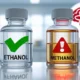 Comparison of ethanol and methanol bottles showing safety vs toxicity.