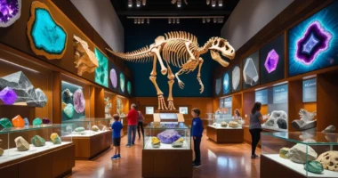 A colorful display of minerals and gemstones at the Mines Museum of Earth Science.
