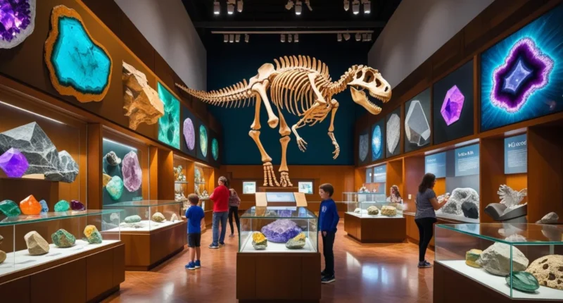 A colorful display of minerals and gemstones at the Mines Museum of Earth Science.