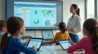 Teacher using MySDMC portal in a tech-equipped classroom.