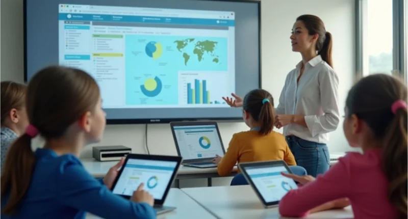 Teacher using MySDMC portal in a tech-equipped classroom.