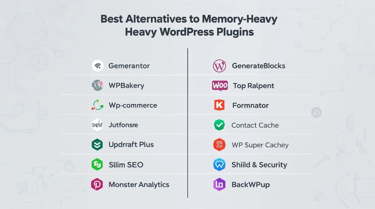 Official logos comparing heavy WordPress plugins and lightweight alternatives
