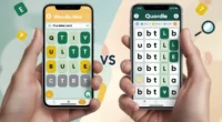 Split screen showing Wordle and Quordle hint grids side by side on phones.