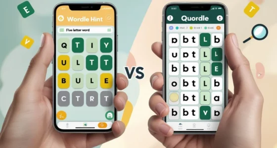 Split screen showing Wordle and Quordle hint grids side by side on phones.