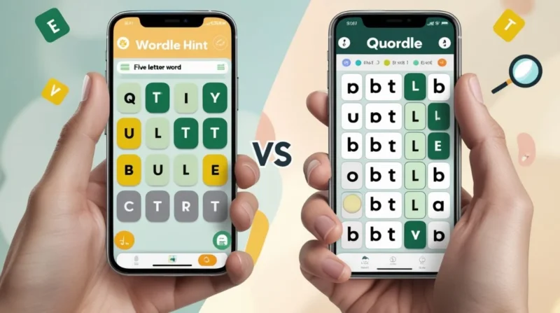 Split screen showing Wordle and Quordle hint grids side by side on phones.