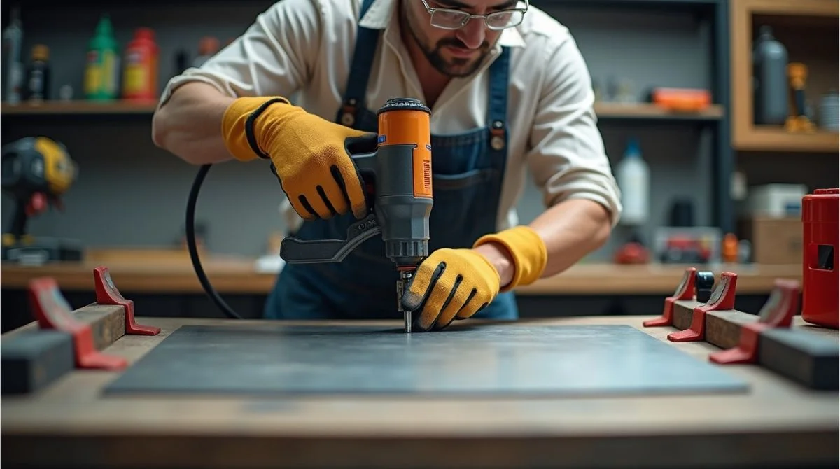 Riveting metal sheet with safety gloves, glasses, and clamps