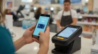 Person using Samsung Pay app on a smartphone to make a contactless payment at a store.