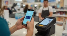 Person using Samsung Pay app on a smartphone to make a contactless payment at a store.