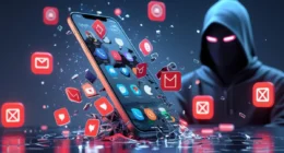 Smartphone leaking data with hacker in background and Spyzie breach symbols.