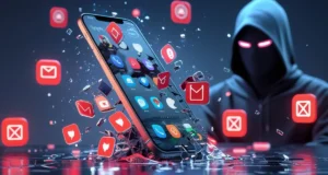 Smartphone leaking data with hacker in background and Spyzie breach symbols.