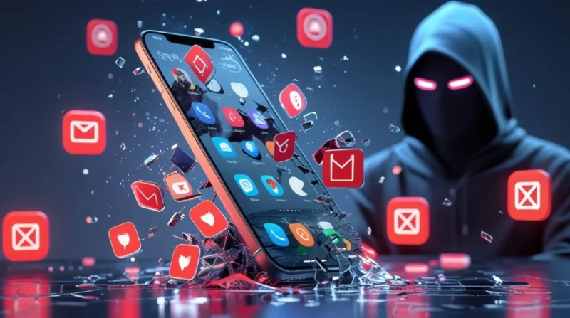 Smartphone leaking data with hacker in background and Spyzie breach symbols.