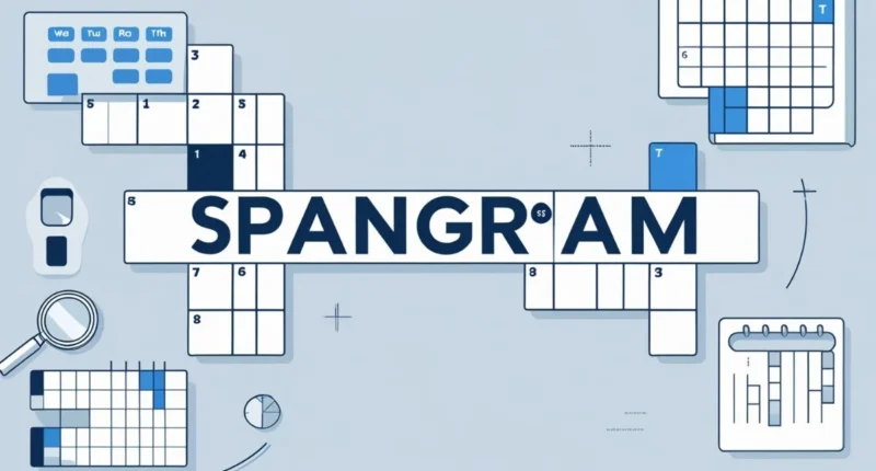 Illustration of a crossword puzzle spelling out Spangram with game elements