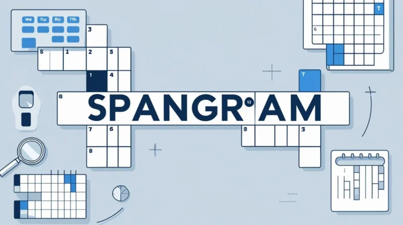 Illustration of a crossword puzzle spelling out Spangram with game elements