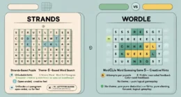 Visual comparison of Strands and Wordle games showing key differences in gameplay, hint systems, and puzzle style.