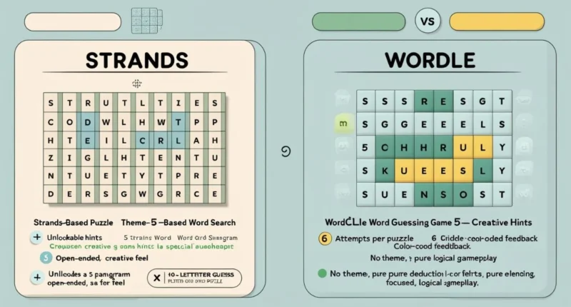 Visual comparison of Strands and Wordle games showing key differences in gameplay, hint systems, and puzzle style.