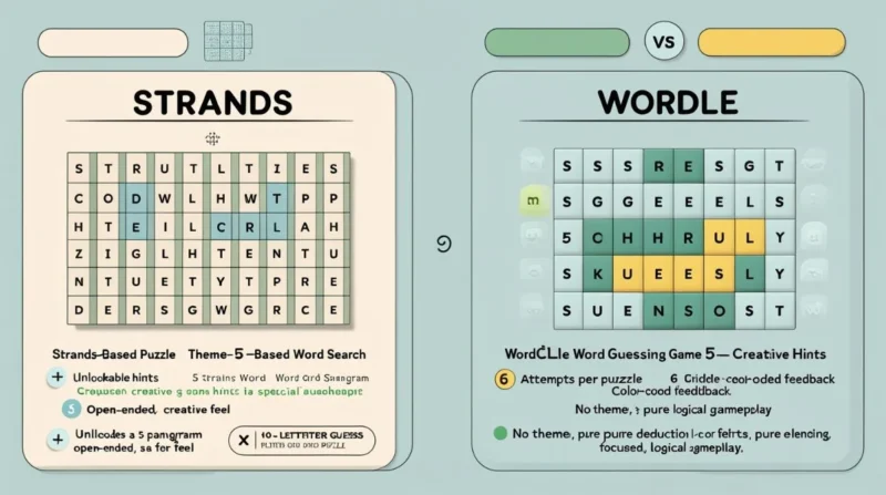 Visual comparison of Strands and Wordle games showing key differences in gameplay, hint systems, and puzzle style.